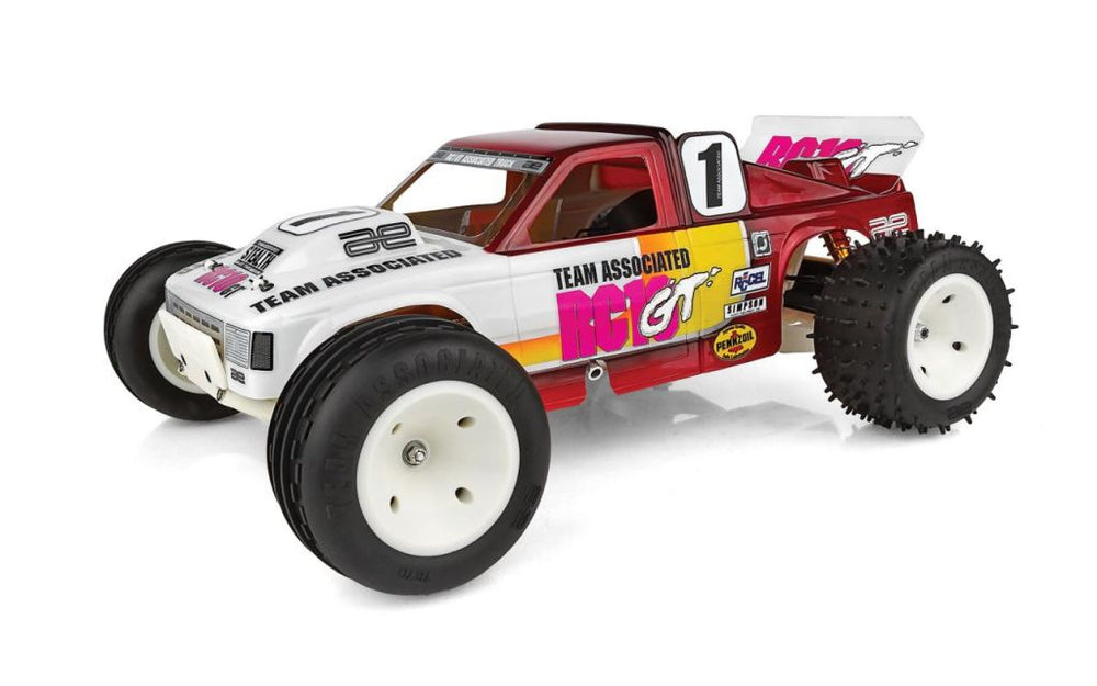 Model off-road truck with colorful design on a white background