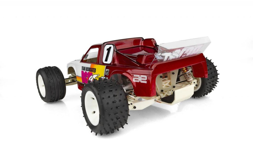 Model off-road truck with colorful design on a white background