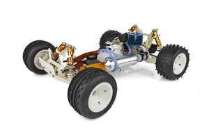 Model car chassis with suspension and wheels on a white background