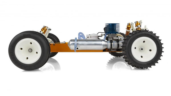 Model of a car chassis with wheels on a white background