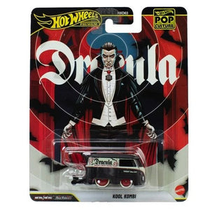 Hot Wheels Pop Culture 2026 - Select Vehicle(s) featuring a detailed Dracula-themed Kool Kombi collectible with red wheels, part of a veteran-owned, STEM-focused hobby shop collection.