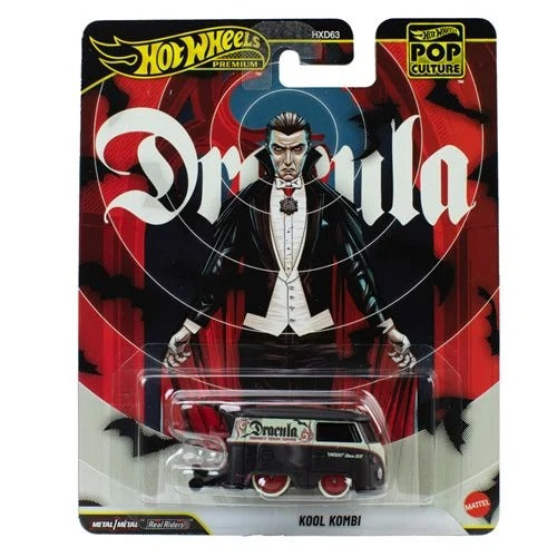 Hot Wheels Pop Culture 2026 - Select Vehicle(s) featuring a detailed Dracula-themed Kool Kombi collectible with red wheels, part of a veteran-owned, STEM-focused hobby shop collection.