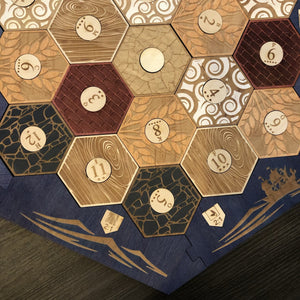 CCHobbyFun Blue Stained Catan Compatible Board Set with Laser Etched Terrain, Border and Number Pieces — Game Pieces