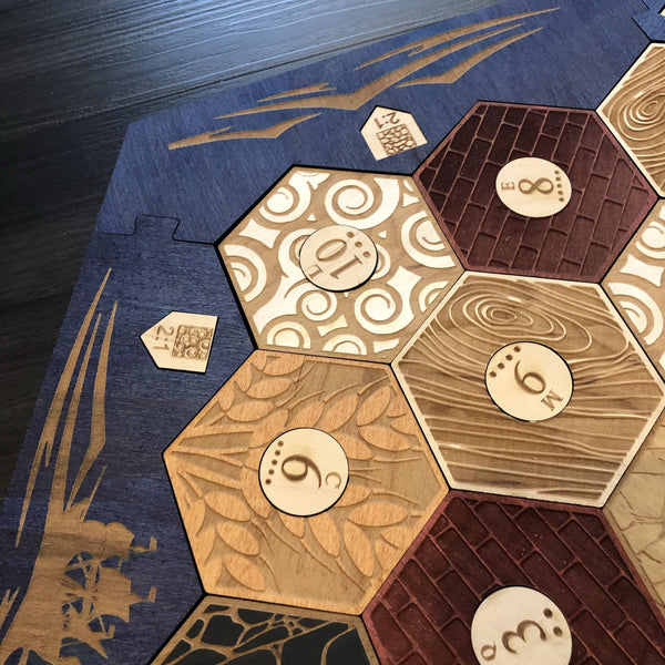 CCHobbyFun Blue Stained Catan Compatible Board Set with Laser Etched Terrain, Border and Number Pieces — Game Pieces