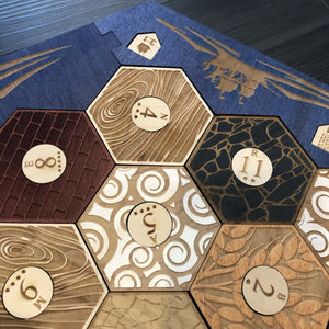 CCHobbyFun Blue Stained Catan Compatible Board Set with Laser Etched Terrain, Border and Number Pieces — Game Pieces