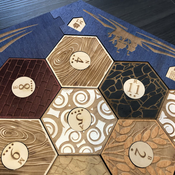 CCHobbyFun Blue Stained Catan Compatible Board Set with Laser Etched Terrain, Border and Number Pieces — Game Pieces