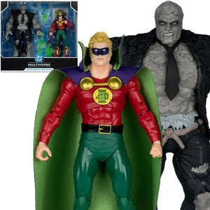 Superhero action figure with green cape and multiverse packaging in the background