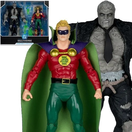 Superhero action figure with green cape and multiverse packaging in the background