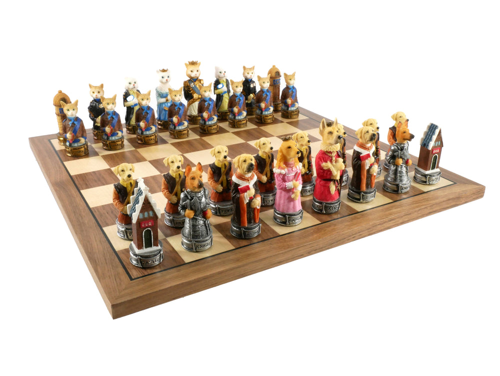 Little Shop of Magic Chess Set - Cats & Dogs Resin Men on Walnut Maple Board — Board Game