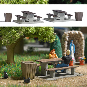 Busch 7729 HO Scale Picnic Area - Tables, Benches & Bins