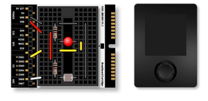Detailed close-up of an electronic breadboard circuit with labeled pins and components paired with a compact black handheld device, illustrating educational DIY learning for "Make: Getting Started with Oxocard Connect - PDF" in a veteran-owned, STEM-focused hobby store context.