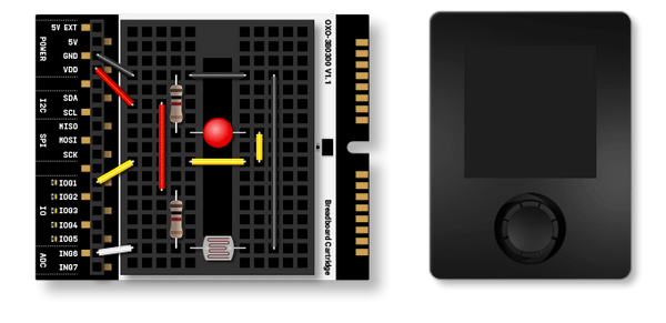 Detailed close-up of an electronic breadboard circuit with labeled pins and components paired with a compact black handheld device, illustrating educational DIY learning for "Make: Getting Started with Oxocard Connect - PDF" in a veteran-owned, STEM-focused hobby store context.