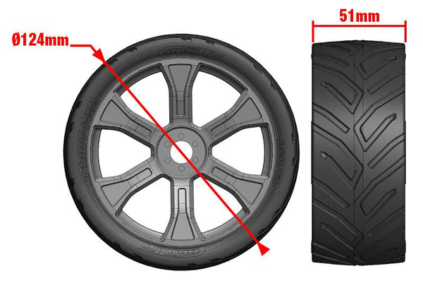 Corally Sprint RXA, Asuga XLR Street Tires, Low Profile, Glued on Black Rims, 1 pair