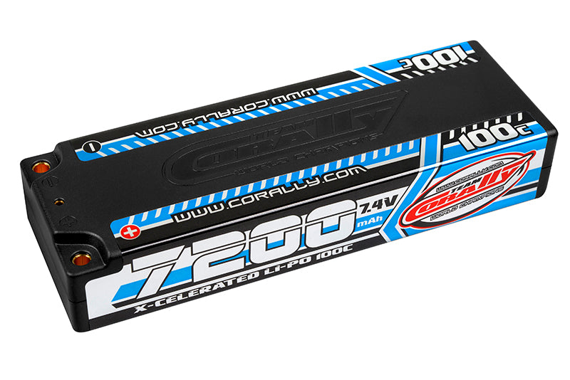 Team Corally - 7200mAh 7.4v 2S 100C X-Celerated Hardcase Lipo Battery - 4mm Bullets