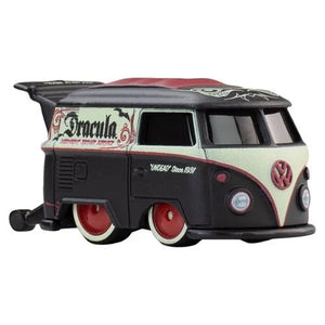 Hot Wheels Pop Culture 2026 - Select Vehicle(s) diecast model depicting a vintage black and cream Volkswagen van with red wheels, Dracula-themed design, and detailed decals, perfect for collectors and fans. Built for Builders. Driven by Discovery. STEM • RC • Drones • Makers • Adventure.