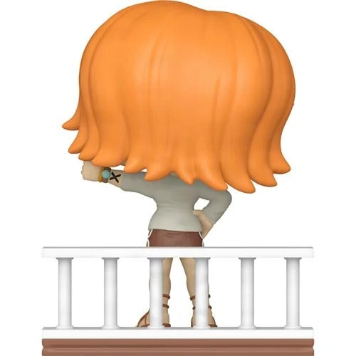 Rear view of Funko Pop! Animation - One Piece - Vinyl Figures - Select Figure(s) featuring a character with vibrant orange hair standing confidently behind a white railing, embodying detailed collectible design.