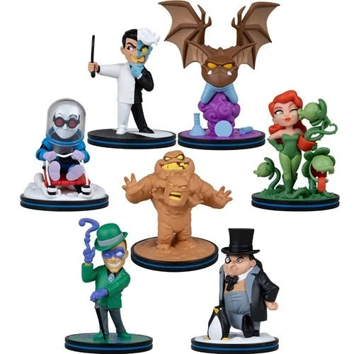 A set of seven DC Comics pop-art collectible figures on a plain white background, including Batman, Harley Quinn, The Riddler, The Flash, Poison Ivy, Sandman, and The Penguin.