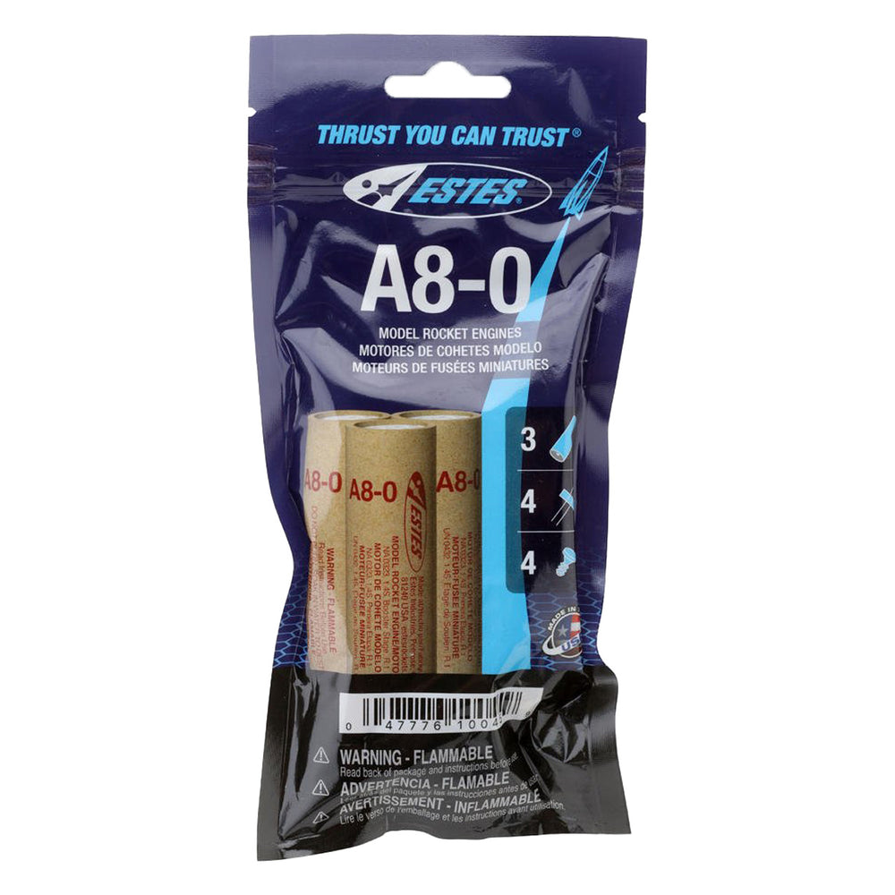 Pack of three Estes A8-0 model rocket engines in a sealed blue and black bag with safety and usage information visible, designed for hobby rocket launching enthusiasts.
