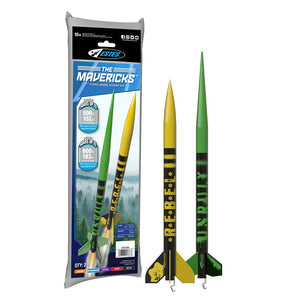 The Mavericks Twin Pack Model Rocket Kit featuring two colorful model rockets in yellow and green with detailed designs, ideal for STEM learning and family-friendly hobby activities.