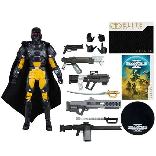 Elite Edition Helldivers II action figure shown standing in front of its retail box. The figure is primarily black and yellow with a black cape and holds a gray weapon.