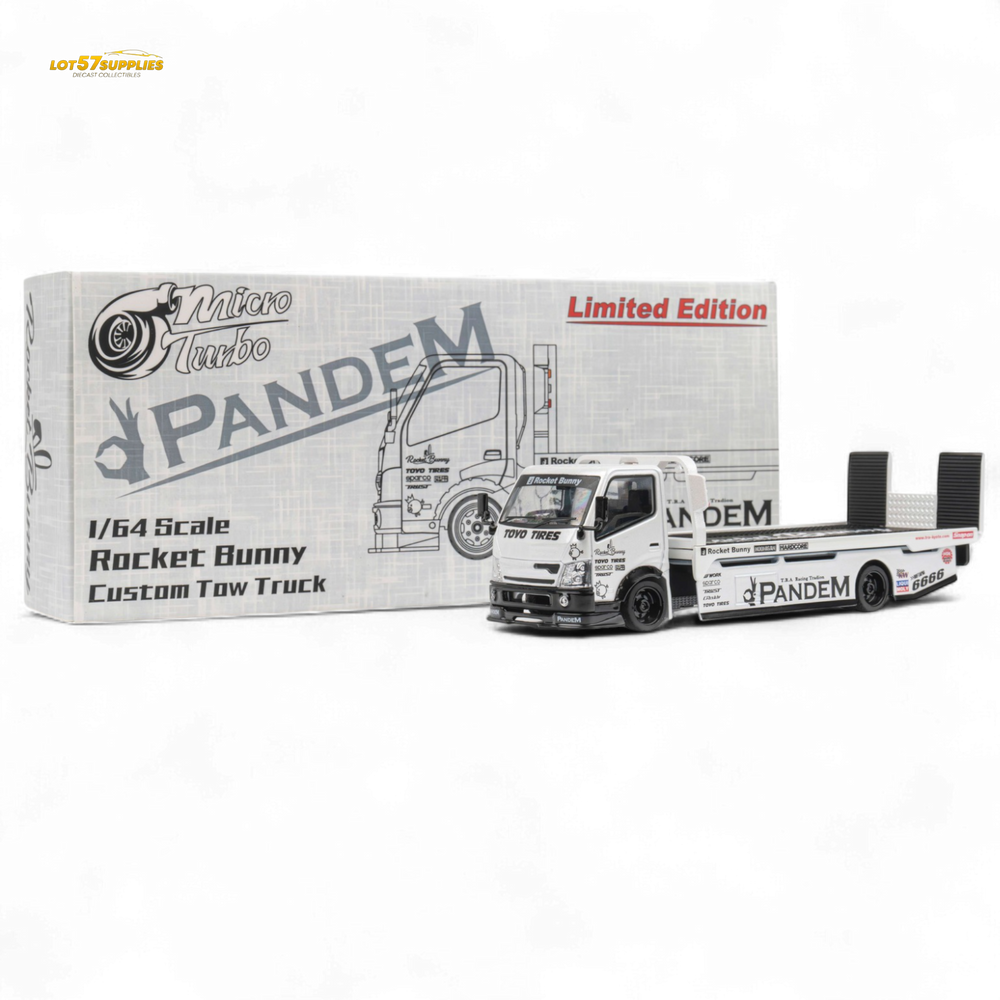 MicroTurbo HINO 300 Flat Bed Transport Truck in Pandem Rocket Bunny White 1:64