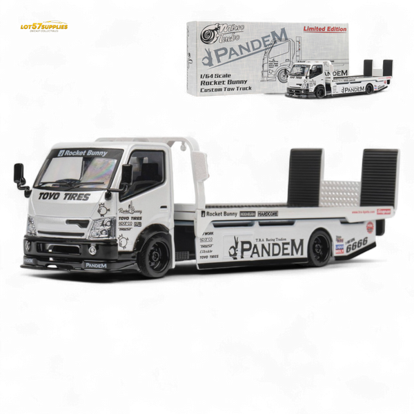 MicroTurbo HINO 300 Flat Bed Transport Truck in Pandem Rocket Bunny White 1:64