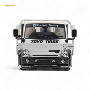 MicroTurbo HINO 300 Flat Bed Transport Truck in Pandem Rocket Bunny White 1:64