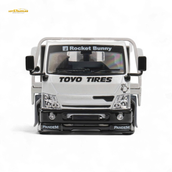 MicroTurbo HINO 300 Flat Bed Transport Truck in Pandem Rocket Bunny White 1:64