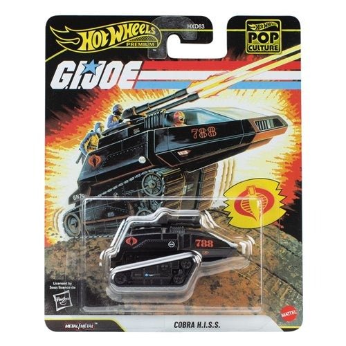 Hot Wheels Pop Culture 2026 - Select Vehicle(s) featuring a detailed Cobra H.I.S.S. vehicle from G.I. Joe, showcasing a black tank with red markings in collectible packaging, supporting STEM learning and family engagement.