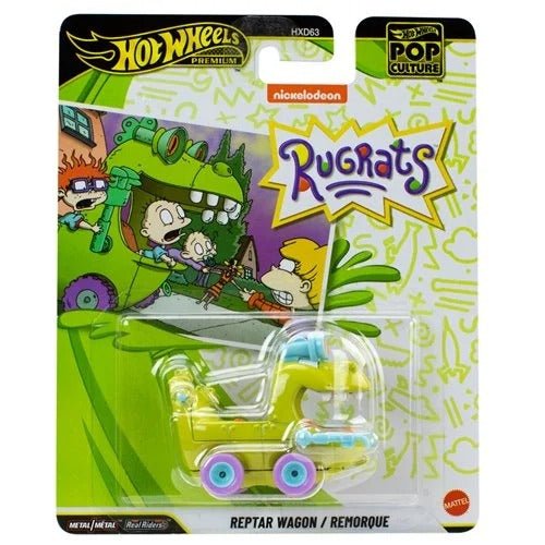 Hot Wheels Pop Culture 2026 - Select Vehicle(s) featuring a bright yellow and blue Reptar Wagon diecast collectible from Rugrats, displayed in branded packaging supporting a veteran-owned hobby store with a STEM-focused mission.