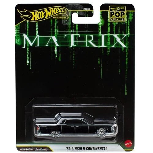 Hot Wheels Pop Culture 2026 - Select Vehicle(s) featuring a detailed '64 Lincoln Continental diecast model in black, part of a veteran-owned hobby shop promoting STEM education and family learning.