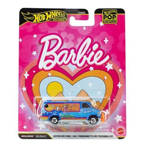 Hot Wheels Pop Culture 2026 - Select Vehicle(s) featuring a collectible Barbie-themed custom GMC panel van in vibrant pink and blue packaging, celebrating STEM education and veteran-owned expertise.