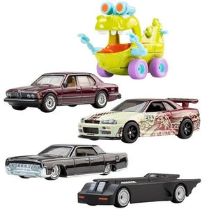 A collection of diecast and colorful toy vehicles including a vintage maroon car, a white sports car with red graphics, a black classic car, a sleek black convertible, and a whimsical green and purple cartoonish vehicle, all part of Hot Wheels Pop Culture 2026 - Select Vehicle(s), highlighting a veteran-owned business with a STEM-focused mission supporting enthusiasts and family learning.