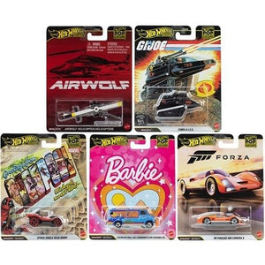 Five Hot Wheels Pop Culture 2026 - Select Vehicle(s) diecast collectibles in original packaging featuring Airwolf helicopter, G.I. Joe Cobra H.I.S.S. tank, Spider-Mobile Rampage, Barbie-themed van, and Forza 917 Porsche race car, showcasing licensed pop culture designs for enthusiasts and collectors.