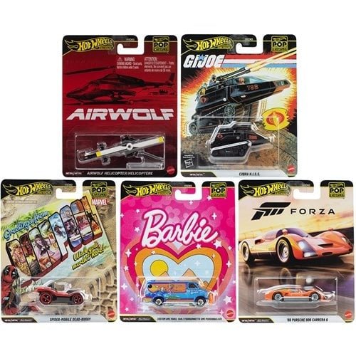 Five Hot Wheels Pop Culture 2026 - Select Vehicle(s) diecast collectibles in original packaging featuring Airwolf helicopter, G.I. Joe Cobra H.I.S.S. tank, Spider-Mobile Rampage, Barbie-themed van, and Forza 917 Porsche race car, showcasing licensed pop culture designs for enthusiasts and collectors.