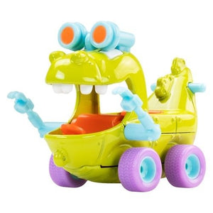 Bright green and yellow toy vehicle with purple wheels, blue binoculars and arms, featuring a crocodile-themed design, perfect for collectors of Hot Wheels Pop Culture 2026 - Select Vehicle(s).