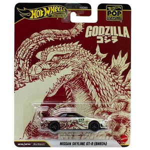 Hot Wheels Pop Culture 2026 - Select Vehicle(s) featuring a Nissan Skyline GT-R BNR34 diecast with Godzilla-themed artwork on packaging, showcasing collectible design for enthusiasts.