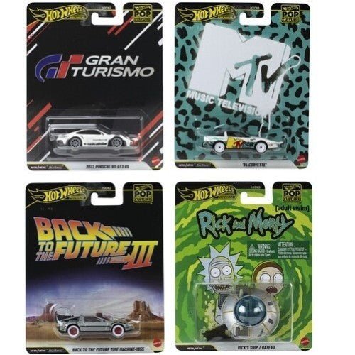 Five Hot Wheels Pop Culture 2026 - Select Vehicle(s) collectible diecast cars, featuring Forza Audi 90 Quattro, Dracula Model Abarth, G.I. Joe Cobra Jet, Toy Story RC Car, and Masters of the Universe Wind Raider, displayed in their original packaging.