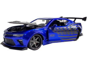 2016 Chevrolet Camaro Widebody Candy Blue with Gray Metallic Hood and American Flag Graphics "Bigtime Muscle" Series 1/24 Diecast Model Car by Jada