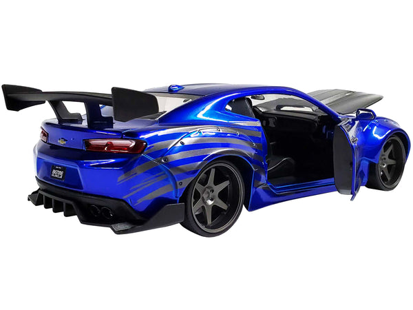 2016 Chevrolet Camaro Widebody Candy Blue with Gray Metallic Hood and American Flag Graphics "Bigtime Muscle" Series 1/24 Diecast Model Car by Jada