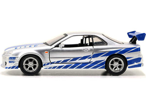 Brian's Nissan Skyline GT-R (R34) RHD (Right Hand Drive) Silver Metallic with Blue Stripes "2 Fast 2 Furious" (2003) Movie "Fast & Furious 25th Anniversary" Series 1/32 Diecast Car Model by Jada