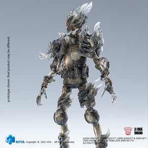 Judge Dredd Action figure with icy textures on a gray background, featuring HIYA branding.