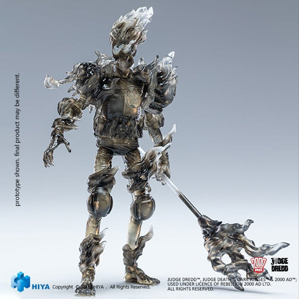 Judge Dredd Action figure of a character from Judge Dredd with detailed armor and weapon on a gray background