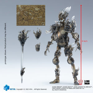 Judge Dredd Action figure with detailed design, including a sword and helmet, on a gray background with scale indicator.