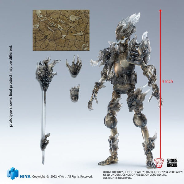 Judge Dredd Action figure with detailed design, including a sword and helmet, on a gray background with scale indicator.