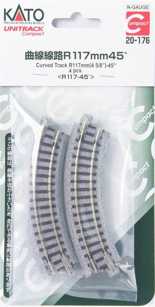 PowerHobby Kato 20-176 N Unitrack 4 5/8" (117mm) Radius Curve 45 Degree Section (4-Pack) — N Tracks