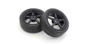 Kyosho Glued TC Tire, Medium Compound, on 5-Spoke Racing Wheel, Black, 2pcs