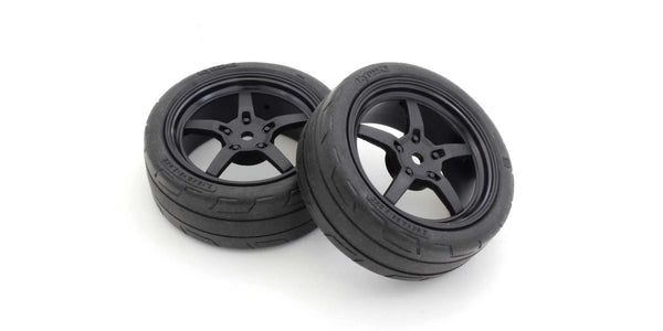 Kyosho Glued TC Tire, Medium Compound, on 5-Spoke Racing Wheel, Black, 2pcs