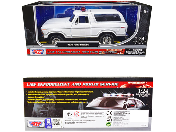 1978 Ford Bronco Police Car Unmarked White "Law Enforcement and Public Service" Series 1/24 Diecast Model Car by Motormax
