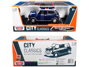1961-1967 Morris Mini Cooper RHD (Right Hand Drive) Dark Blue with British Flag on the Top and Roof Rack "City Classics" Series 1/18 Diecast Model Car by Motormax